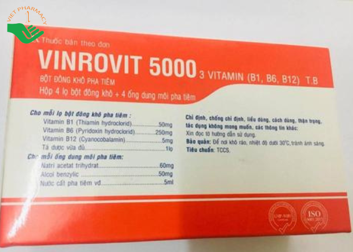 Bột đông khô pha tiêm Vinrovit 5000 Vinphaco điều trị viêm thần kinh (4 lọ bột + 4 ống dung môi)