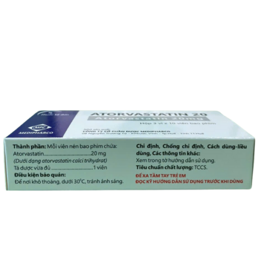 Thuốc điều trị tăng lipid huyết, phòng ngừa bệnh tim mạch Medipharco Atorvastatin 20 (Hộp 3 vỉ x 10 viên)