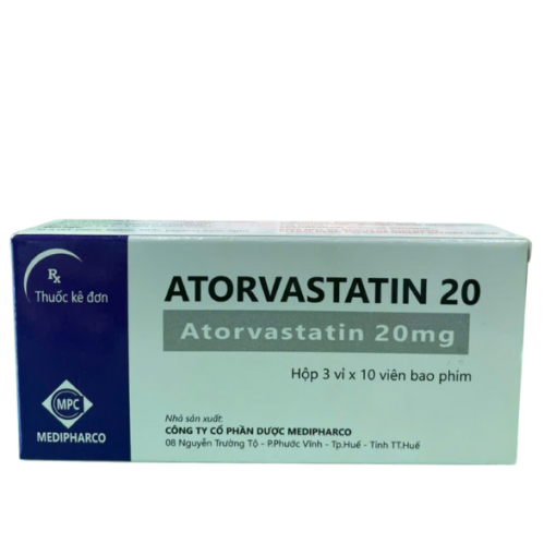 Thuốc điều trị tăng lipid huyết, phòng ngừa bệnh tim mạch Medipharco Atorvastatin 20 (Hộp 3 vỉ x 10 viên)
