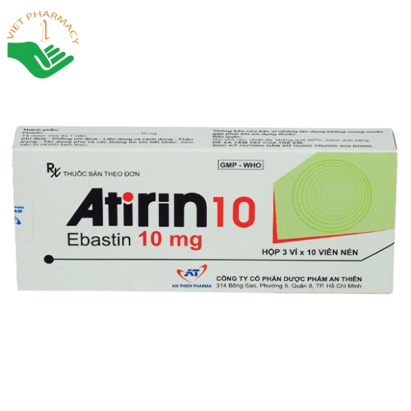 Thuốc Atirin 10mg điều trị viêm mũi dị ứng và nổi mày đay (Hộp 3 vỉ x 10 viên)