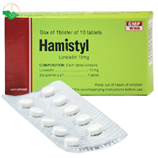 Hamistyl 10mg chỉ định điều trị viêm mũi dị ứng, viêm kết mạc dị ứng (Hộp 10 vỉ x 10 viên)
