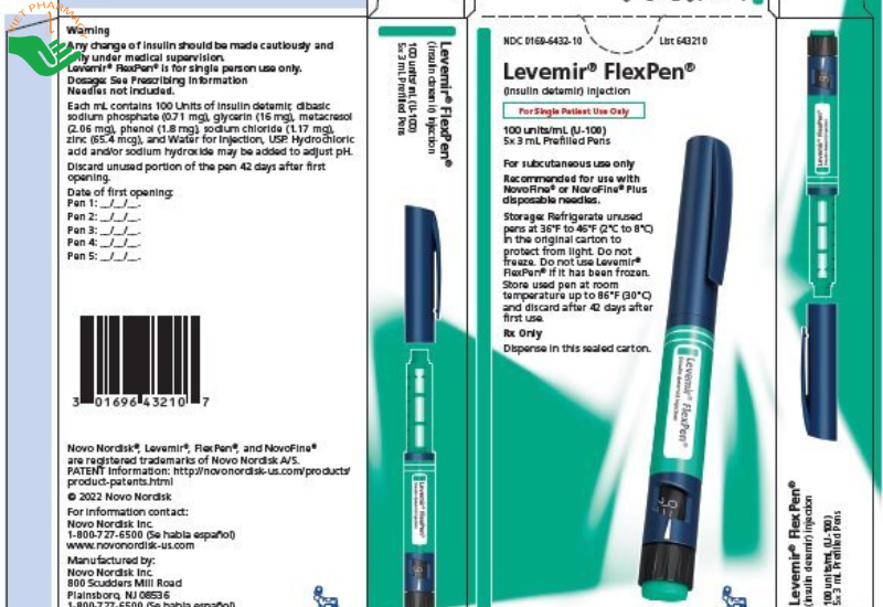 Bút tiêm Levemir FlexPen 100U/ml Novo Nordisk điều trị bệnh đái tháo đường (5 cây x 3ml)