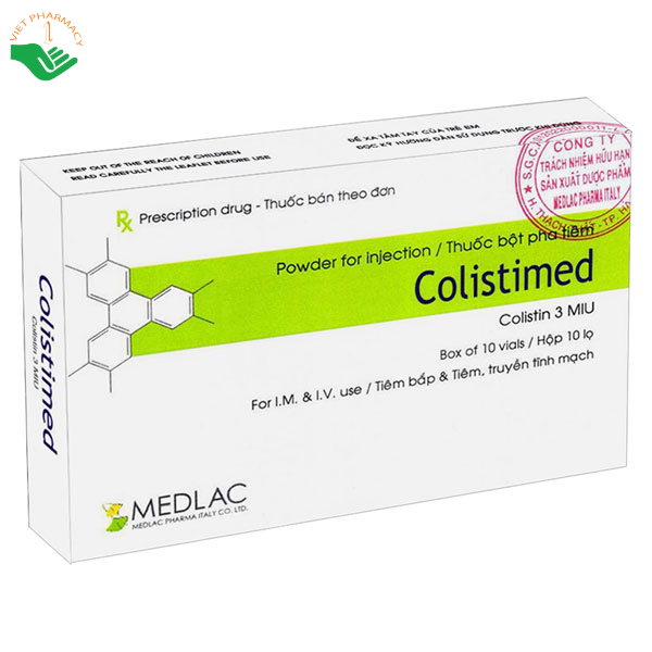 Colistimed 3 MIU, điều trị nhiễm khuẩn nặng do vi khuẩn Gram âm (Hộp 10 lọ)
