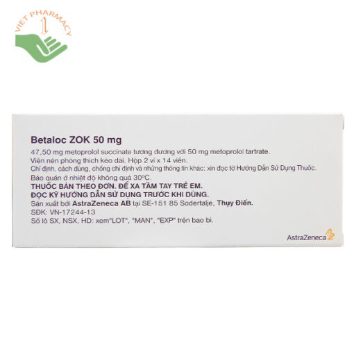 Betaloc ZOK 50mg trị tăng huyết áp, đau thắt ngực