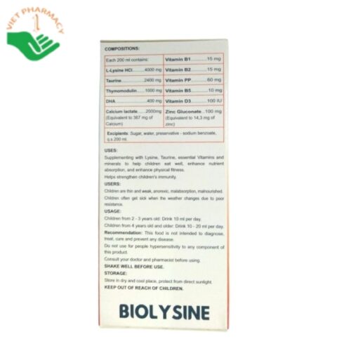 Siro Biolysine hỗ trợ tăng cường đề kháng cho trẻ