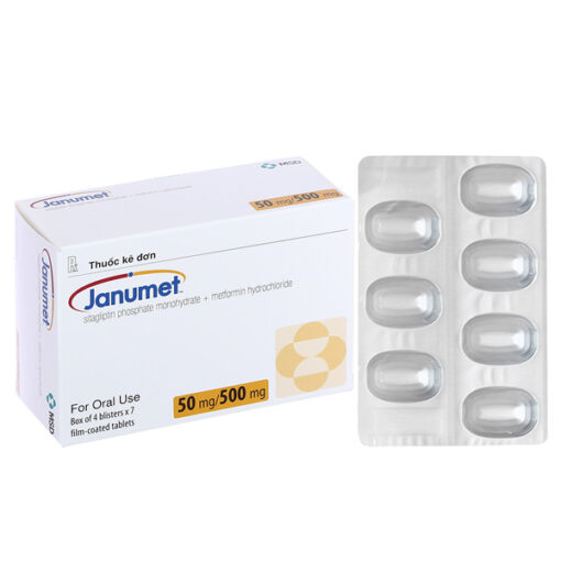 Janumet 50mg/500mg trị tiểu đường tuýp 2 (4 vỉ x 7 viên)