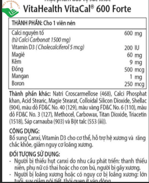 Viên uống ngừa loãng xương VitaHealth VitaCal 600 Forte