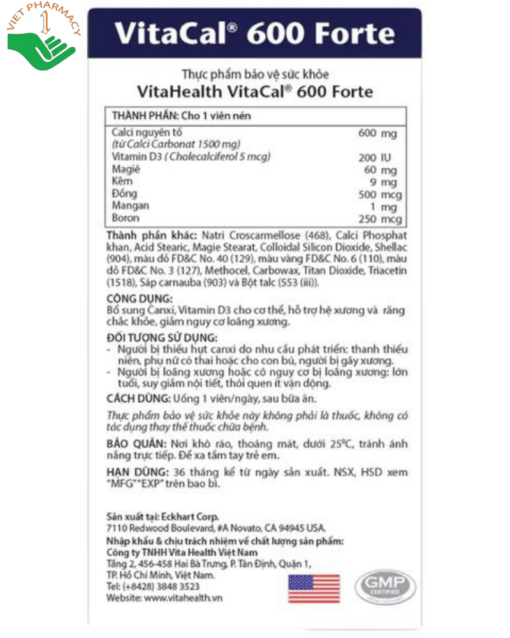 Viên uống ngừa loãng xương VitaHealth VitaCal 600 Forte