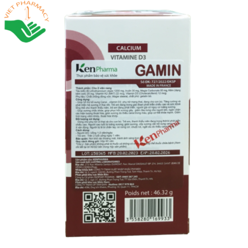 Viên uống bổ sung Canxi Gamin Calcium Kenpharm 60 Viên