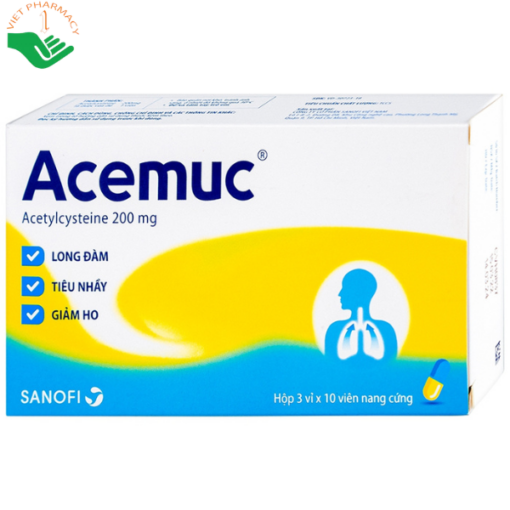 Thuốc Acemuc 200mg Sanofi long đàm, tiêu nhầy, giảm ho (3 vỉ x 10 viên)