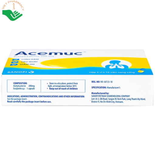 Thuốc Acemuc 200mg Sanofi long đàm, tiêu nhầy, giảm ho (3 vỉ x 10 viên)