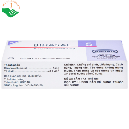 Thuốc Bihasal 5mg Hasan điều trị tăng huyết áp, đau thắt ngực, suy tim mạn tính ổn định (5 vỉ x 10 viên)