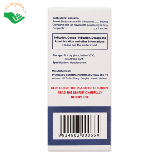 Bột pha hỗn dịch uống Vigentin 500mg/62.5mg trị nhiễm khuẩn (12 gói x 2g)
