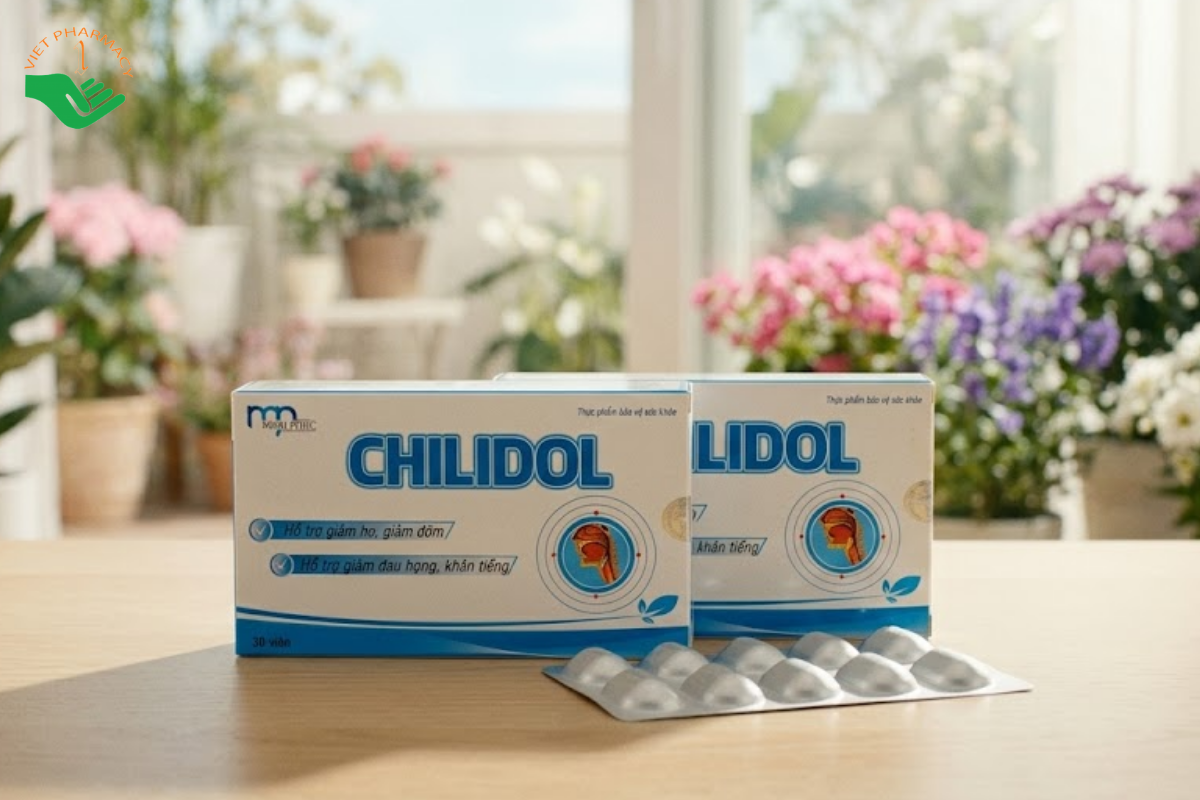 Thực phẩm bảo vệ sức khỏe Chilidol hỗ trợ giảm ho, đau rát họng và khản tiếng (Hộp 3 vỉ x 10 viên)