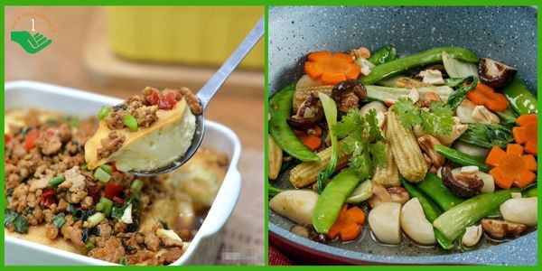 Đậu hũ hấp trứng thịt và rau củ xào