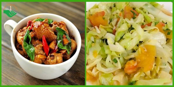 Gà rang húng quế và rau bắp cải xào tỏi ớt cho buổi tối