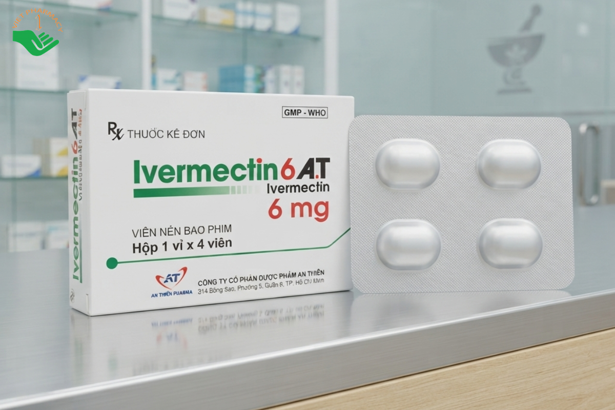 Thuốc Ivermectin 6 A.T trị giun chỉ, giun thân tròn, ấu trùng (Hộp 1 vỉ x 4 viên)