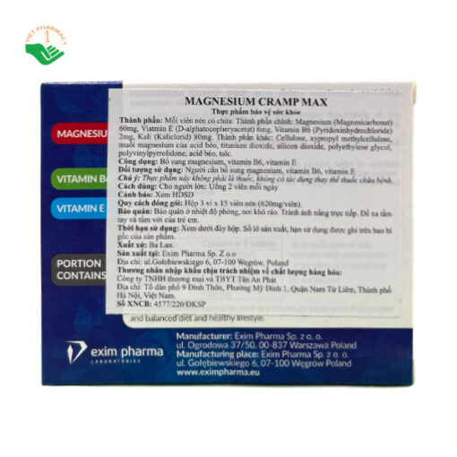 Thực phẩm bảo vệ sức khỏe Magnesium Cramp Max (hộp 3 vỉ x 15 viên)