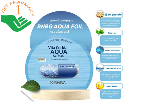 Mặt nạ BNBG Vita Cocktail Aqua Foil Mask giúp dưỡng ẩm cho làn mịn màng, tươi trẻ.