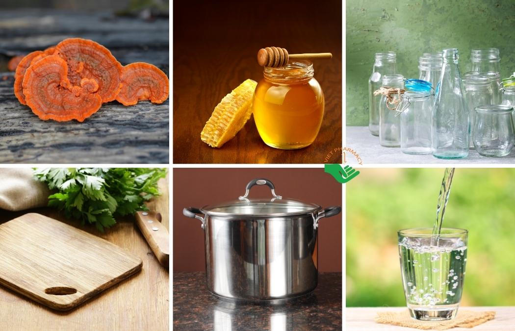 Nguyên liệu và dụng cụ để làm nấm linh chi ngâm mật ong