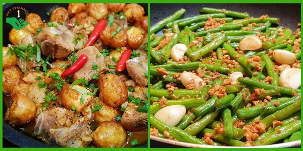 Sườn kho trứng cút và đậu đũa xào tỏi