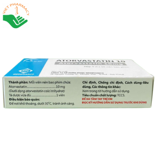 Thuốc điều trị tăng lipid huyết, phòng ngừa bệnh tim mạch Medipharco Atorvastatin 10