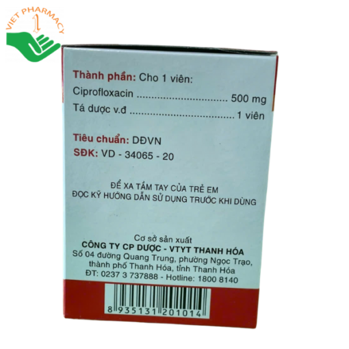 Thuốc kháng sinh Ciprofloxacin 500mg (Hộp 10 vỉ x 10 viên)