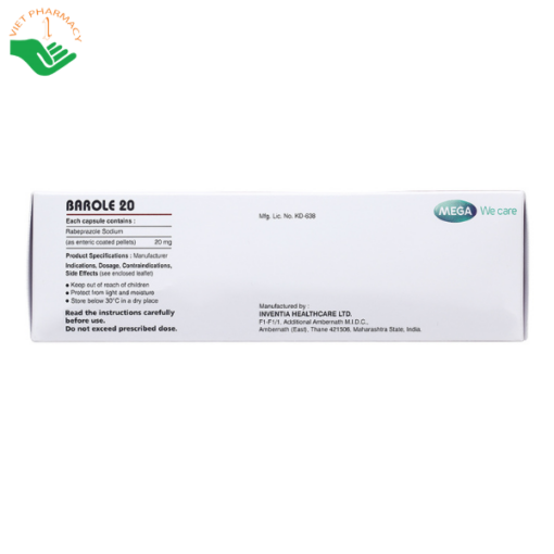 Thuốc Barole 20 Mega We care trị viêm loét do trào ngược dạ dày, thực quản (10 vỉ x 10 viên)
