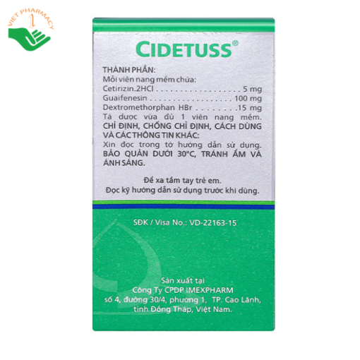 Thuốc Cidetuss Imexpharm điều trị ho đàm, ho do kích ứng (10 vỉ x 10 viên)