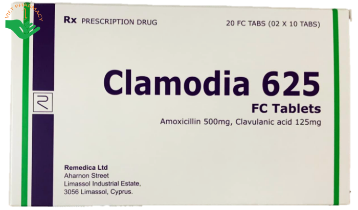 Thuốc Clamodia 625 điều trị viêm xoang, viêm tai giữa, viêm phế quản (2 vỉ x 10 viên)