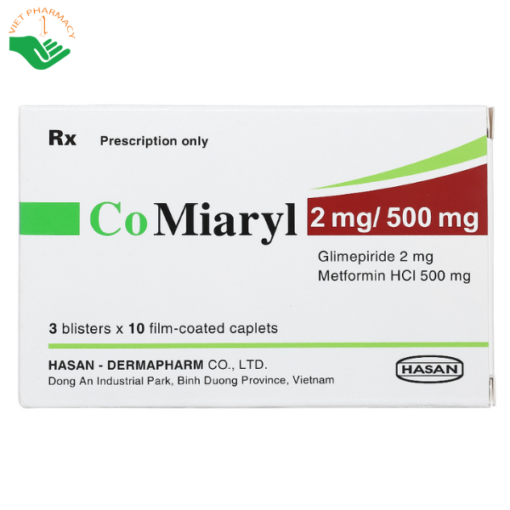 Thuốc CoMiaryl 2mg/500mg trị đái tháo đường (3 vỉ x 10 viên)