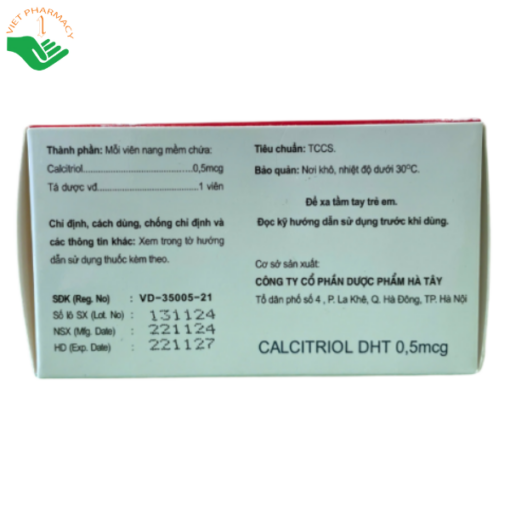 Thuốc điều trị loãng xương hiệu quả Calcitriol DHT 0,5mcg (Hộp 1 túi x 6 vỉ x 10 viên)