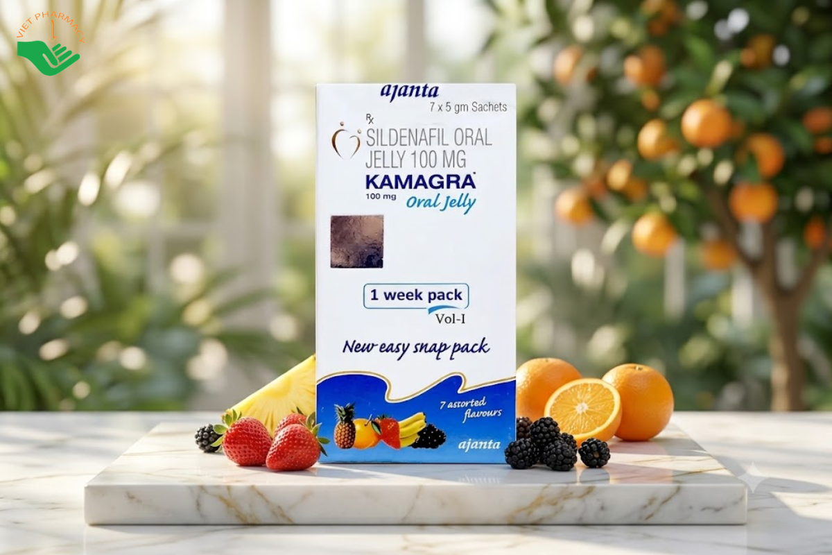 Thuốc Kamagra Oral Jelly 100mg Vol-1 Ajanta điều trị rối loạn cương dương (Hộp 7 gói)