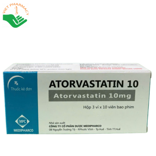 Thuốc điều trị tăng lipid huyết, phòng ngừa bệnh tim mạch Medipharco Atorvastatin 10