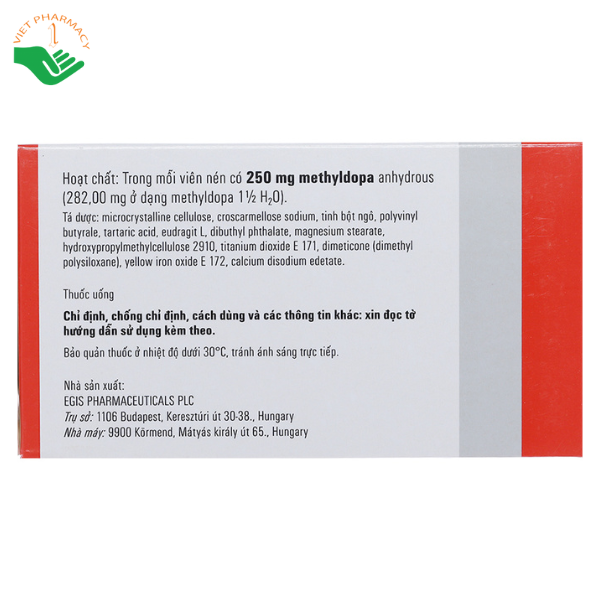 Thuốc Dopegyt 250mg Egis Pharma điều trị tăng huyết áp (10 vỉ x 10 viên)