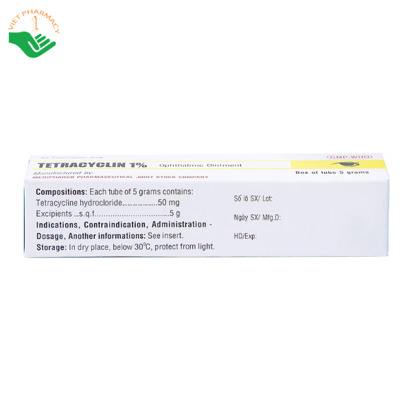 Thuốc mỡ tra mắt Tetracyclin 1% Medipharco điều trị đau mắt hột (Tuýp 5g)
