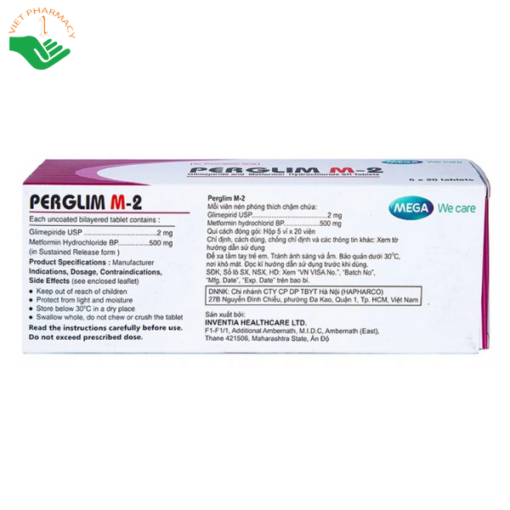 Thuốc Perglim M-2 trị tiểu đường type 2 (5 hộp nhỏ x 1 vỉ x 20 viên)