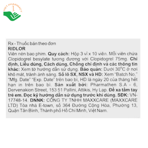 Thuốc Ridlor 75mg MSN ngăn ngừa tai biến đông máu (3 vỉ x 10 viên)