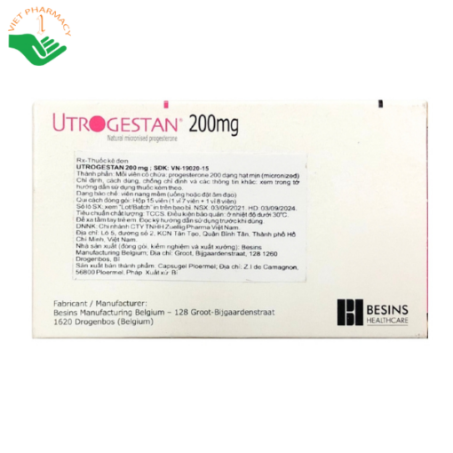 Thuốc Utrogestan 200mg Besins bổ sung nội tiết tố trong bệnh lý sản phụ khoa (15 viên)