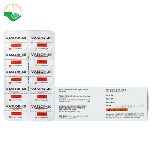 Thuốc Vaslor-40 Davipharm hỗ trợ cho chế độ ăn kiêng điều trị cao cholesterol máu nguyên phát (6 vỉ x 10 viên)
