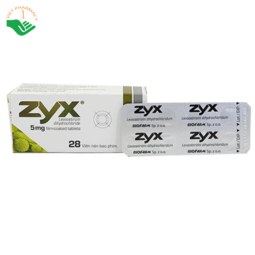 Thuốc Zyx 5mg Biofarm điều trị viêm mũi dị ứng, hắt hơi, chảy nước mũi, viêm kết mạc dị ứng (4 vỉ x 7 viên)