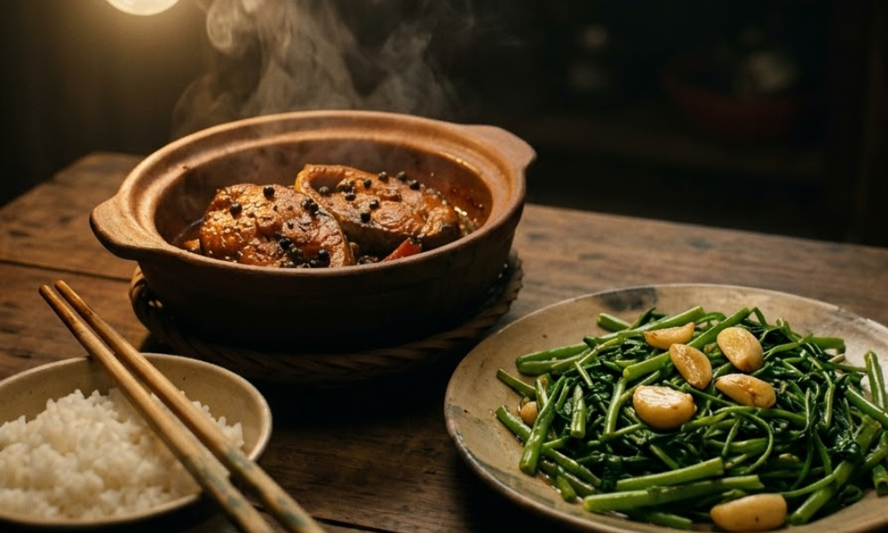 Cá basa kho tiêu và rau muống xào tỏi