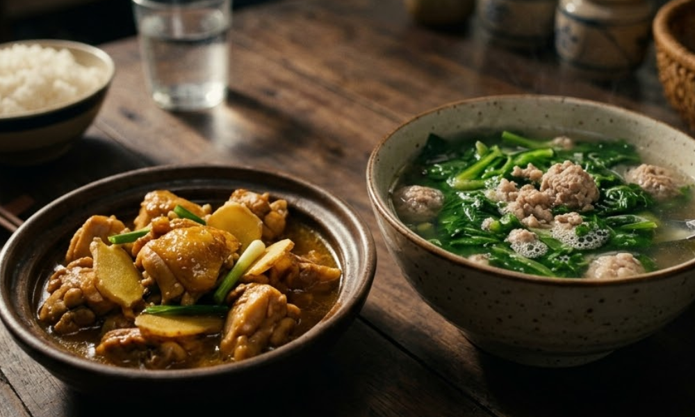 Bữa tối ngon miệng với Gà kho gừng và canh cải xanh nấu thịt bằm