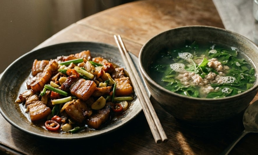 Đây là bữa cơm mang vị rất Việt cùng vớiThịt heo ram cháy cạnh và canh rau ngót thịt bằm