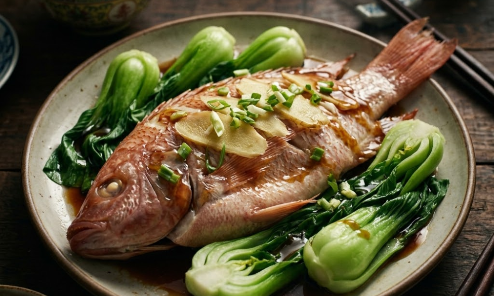 Cá diêu hồng hấp gừng và cải thìa sốt dầu hào