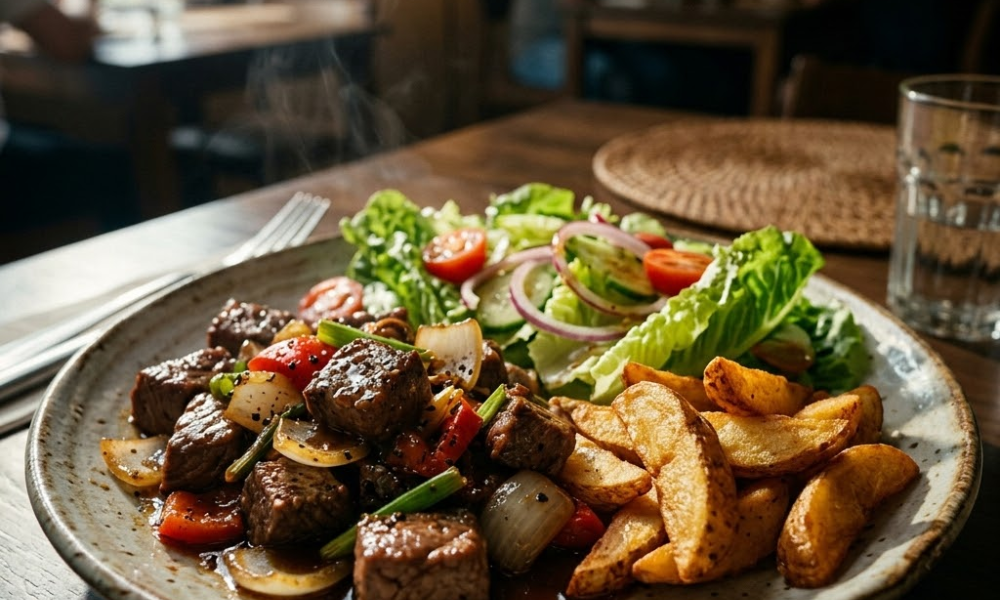 Bò lúc lắc khoai tây là món ăn nhiều người yêu thích. Thịt bò thái hạt lựu lớn, ướp với tỏi, tiêu