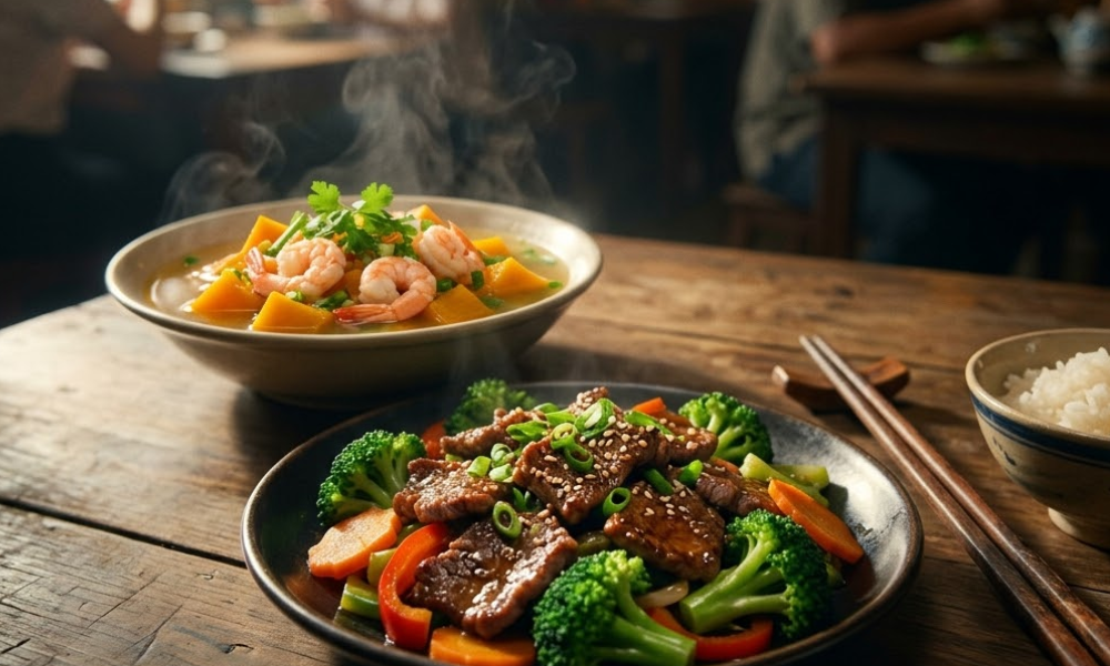 Thịt bò xào bông cải và canh bí đỏ tôm tươi