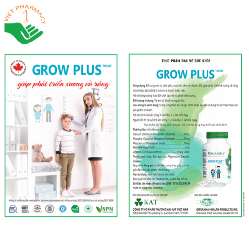 Viên uống bổ sung và phát triển chiều cao Organika Grow Plus (Lọ 60 viên)