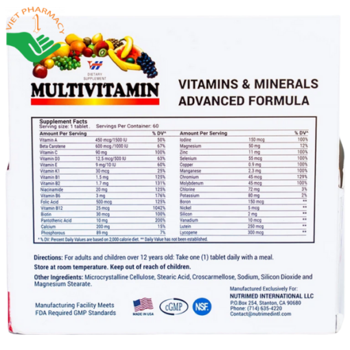 Viên uống bổ sung Vitamin và khoáng chất hỗ trợ tăng cường sức khỏe Multivitamin Nutrimed (Hộp 60 Viên)