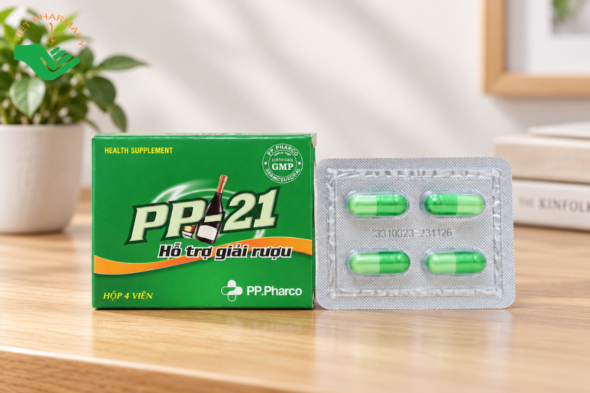 Viên giải rượu PP-21 giảm triệu chứng khó chịu khi dùng rượu bia (hộp 4 viên)